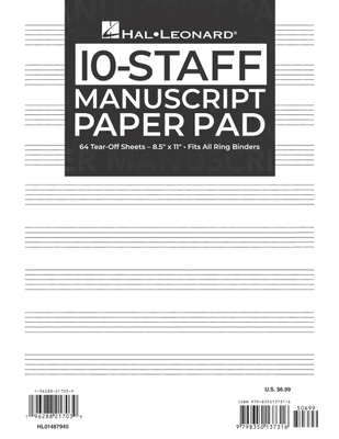 Coperta cărții 'Hal Leonard Manuscript Paper 10-Staff Paper Pad - 64 Tear-Off Sheets, Fits All Ring Binders -'