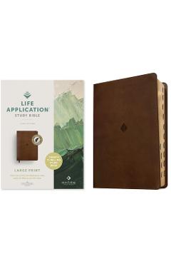 Coperta cărții 'NLT Life Application Study Bible, Third Edition, Large Print (Leatherlike, Rustic Brown Leaf, Indexed, Red Letter) -'