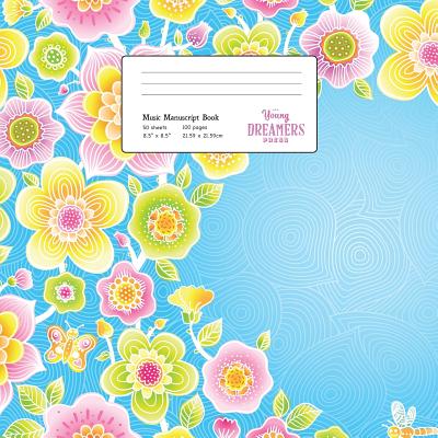 Music Manuscript Book: Floral Pattern on Blue, Large Kids Stave Paper - 