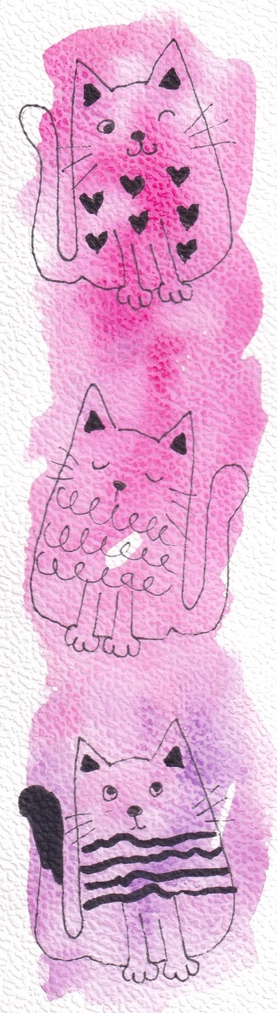 Semn de carte pictat manual: 3 pisici roz