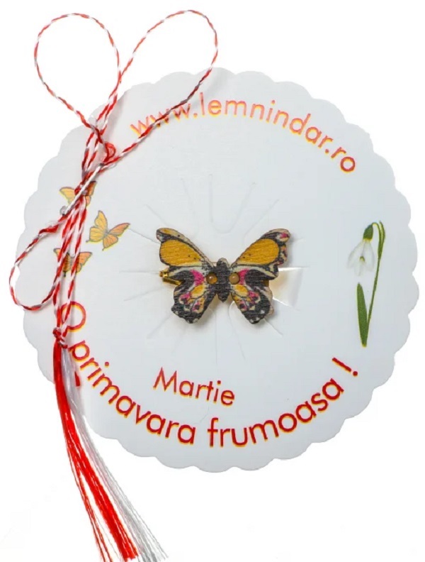 Martisor insigna din lemn: Fluturas galben cu roz