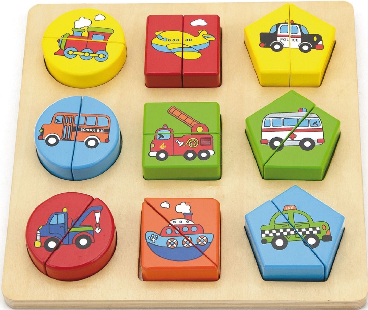 Puzzle din cuburi de lemn: Mijloace de transport