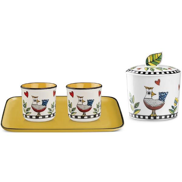 Set 2 cesti cu tava si zaharnita: Cocorico galben