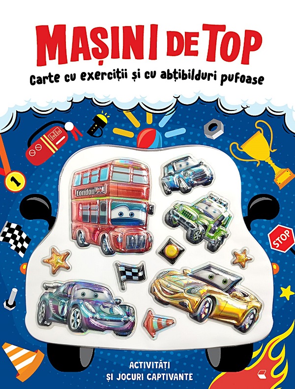 Carte cu exercitii si cu abtibilduri pufoase. Masini de top