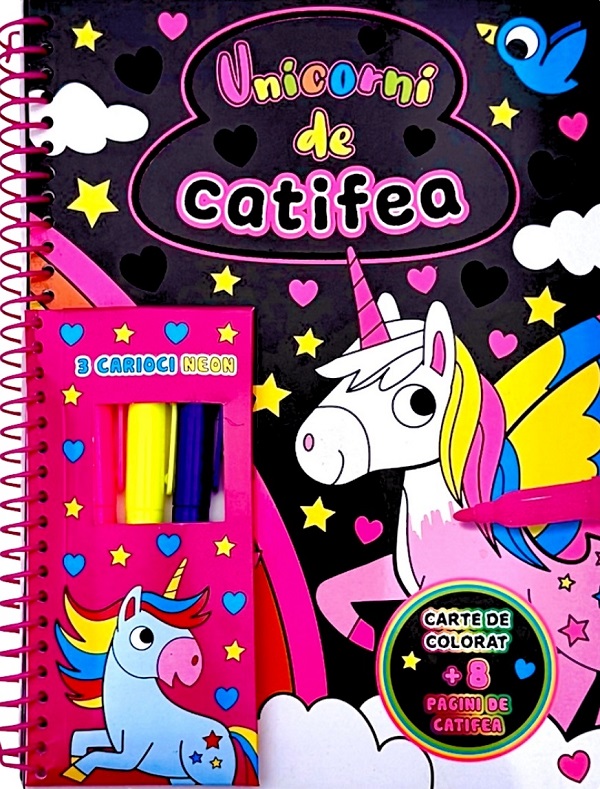 Unicorni de catifea. Carte de colorat + 3 carioci neon