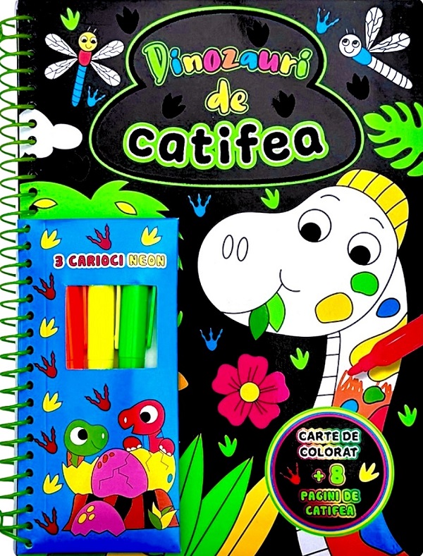 Dinozauri de catifea. Carte de colorat + 3 carioci neon
