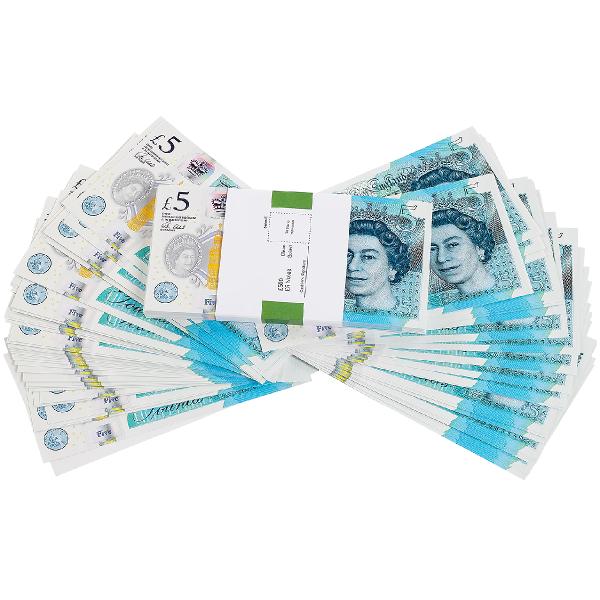 5 Lire Sterline. Set de 100 Bancnote decorative pentru jocuri, video, TikTok, Monopoly