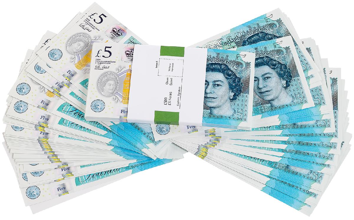 5 Lire Sterline. Set de 100 Bancnote decorative pentru jocuri, video, TikTok, Monopoly