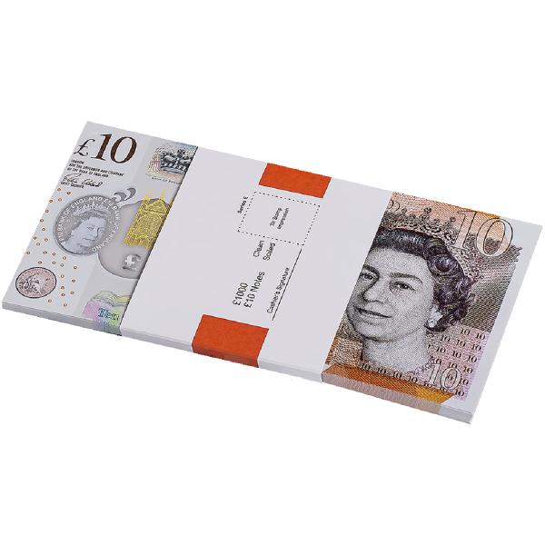 10 Lire Sterline. Set de 100 Bancnote decorative pentru jocuri, video, TikTok, Monopoly