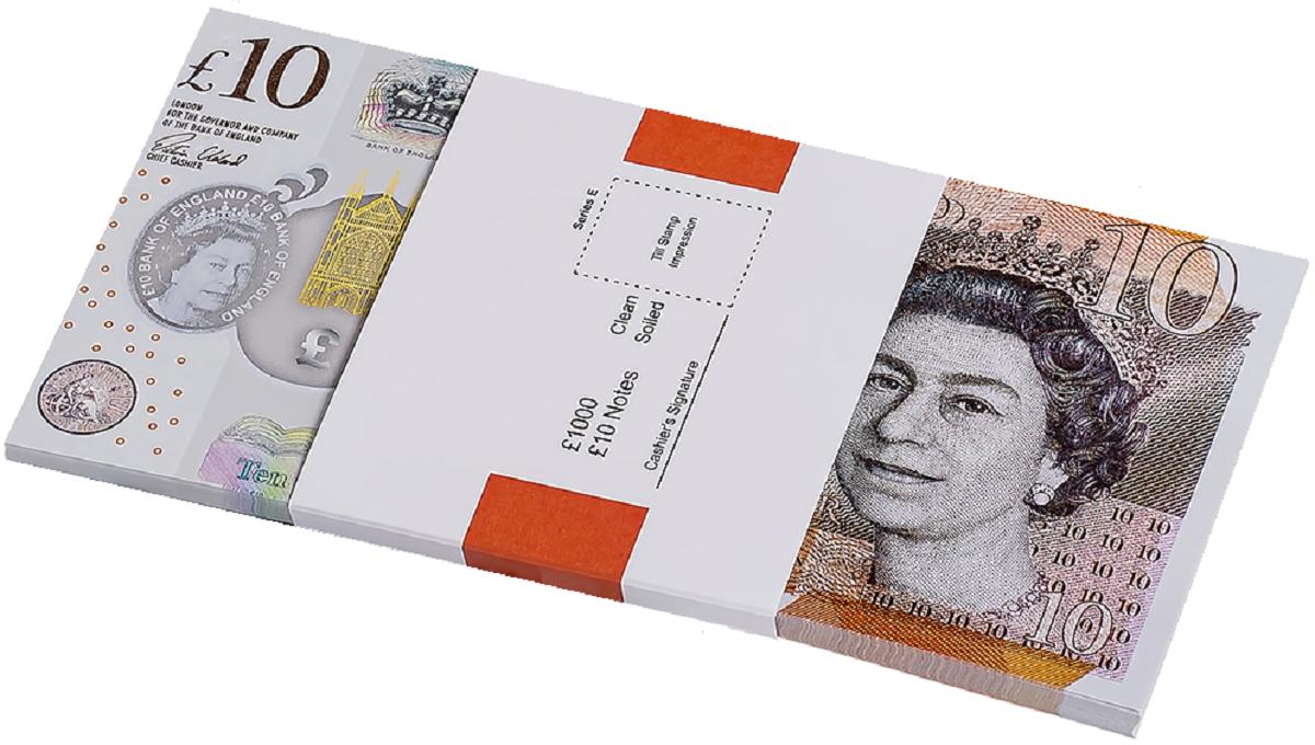 10 Lire Sterline. Set de 100 Bancnote decorative pentru jocuri, video, TikTok, Monopoly