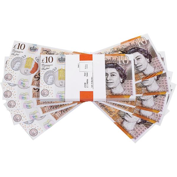 10 Lire Sterline. Set de 100 Bancnote decorative pentru jocuri, video, TikTok, Monopoly