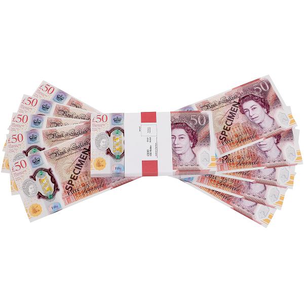 50 Lire Sterline. Set de 100 Bancnote decorative pentru jocuri, video, TikTok, Monopoly