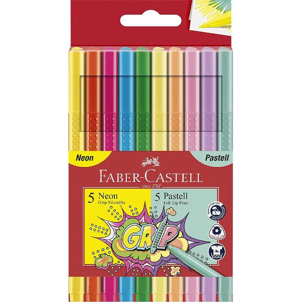 Set 10 carioci pastel si neon grip faber castell