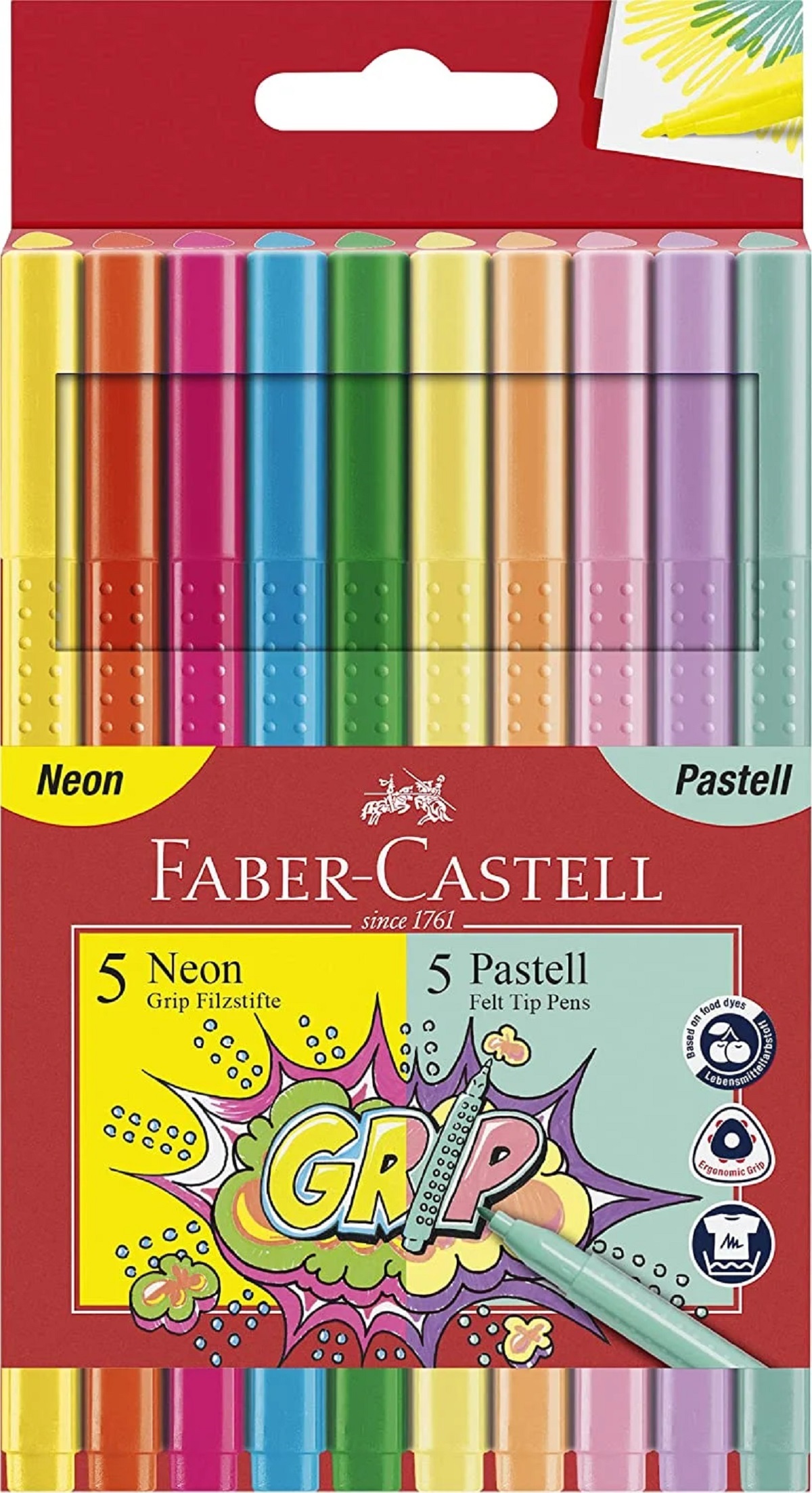 Set 10 carioci pastel si neon grip faber castell