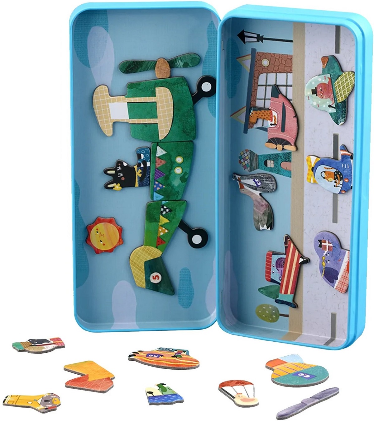 Puzzle magnetic in cutie metalica: Avioane