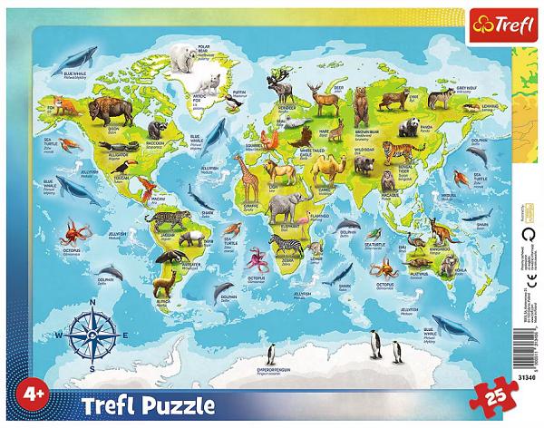 Puzzle 25. Plansa harta lumii cu animale