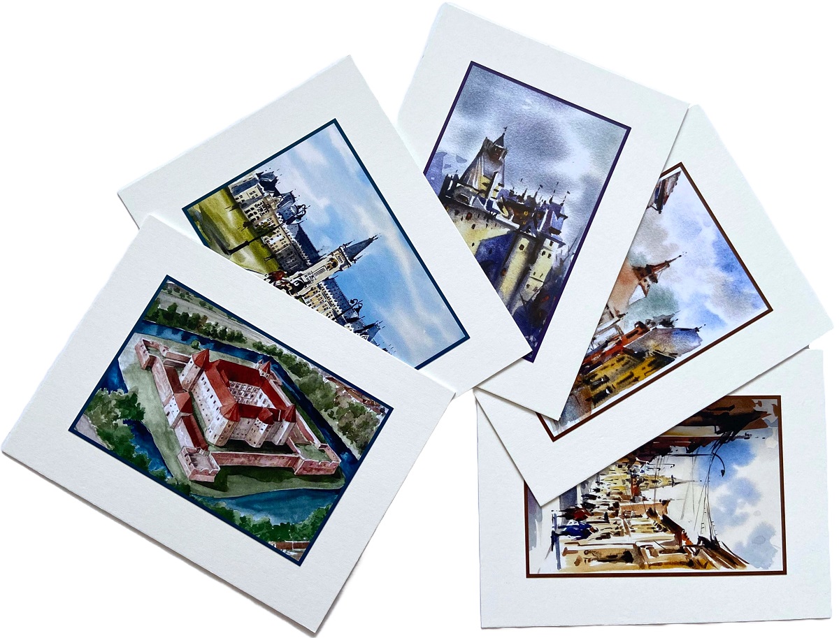 Set 2 color: Suvenir din Transilvania. Reproduceri pe carton cu monumente din Romania