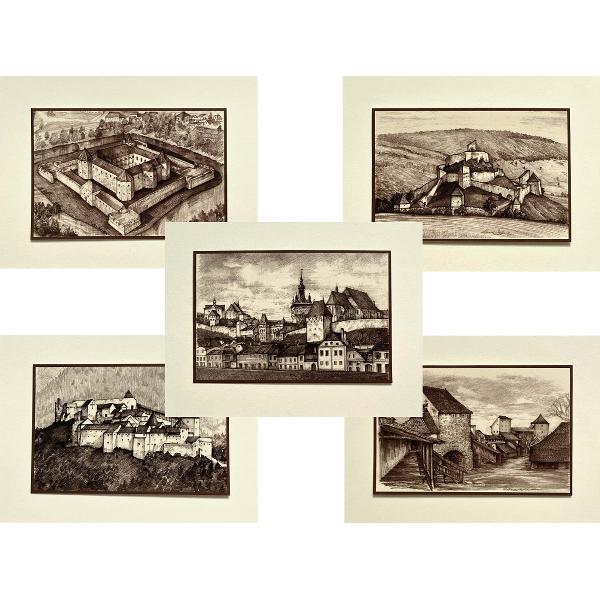Set 3 sepia: Suvenir din Transilvania. Reproduceri pe carton cu monumente din Romania