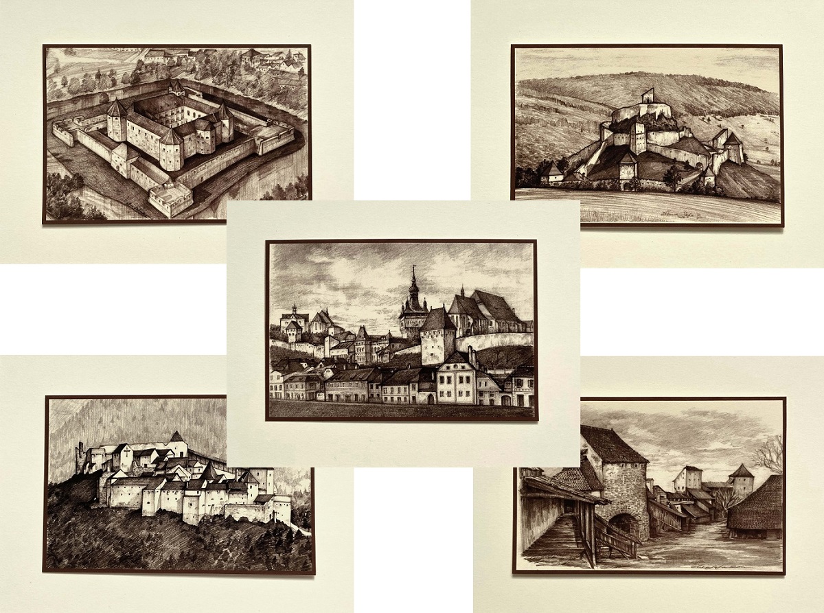 Set 3 sepia: Suvenir din Transilvania. Reproduceri pe carton cu monumente din Romania