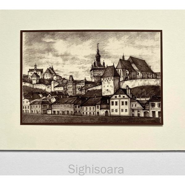 Set 3 sepia: Suvenir din Transilvania. Reproduceri pe carton cu monumente din Romania