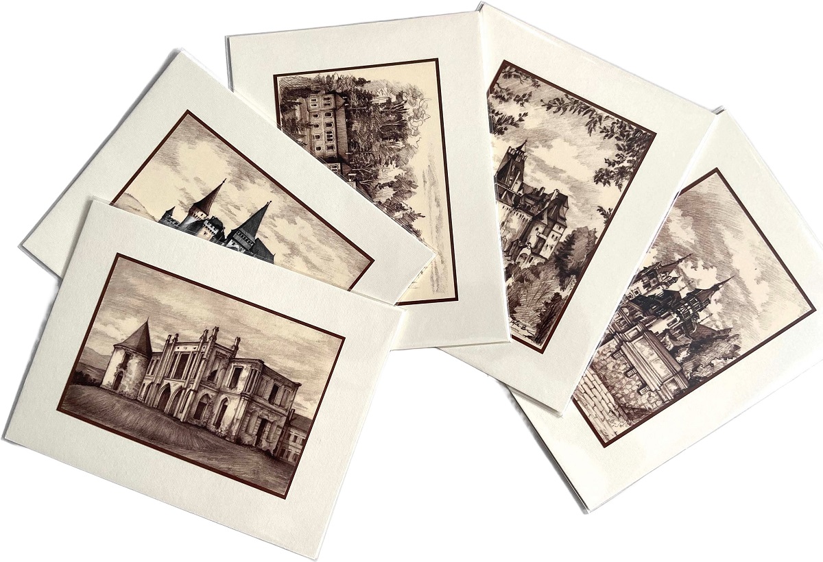 Set 4 sepia: Suvenir din Transilvania. Reproduceri pe carton cu monumente din Romania