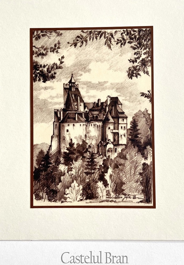 Set 4 sepia: Suvenir din Transilvania. Reproduceri pe carton cu monumente din Romania