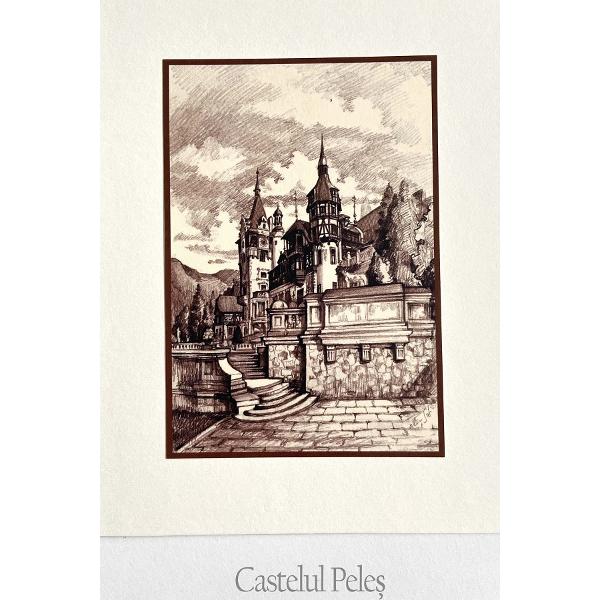 Set 4 sepia: Suvenir din Transilvania. Reproduceri pe carton cu monumente din Romania