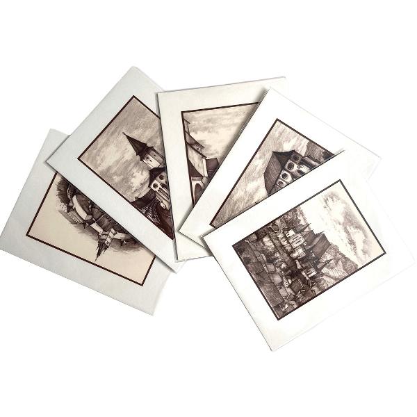 Set 5 sepia: Suvenir din Transilvania. Reproduceri pe carton cu monumente din Romania