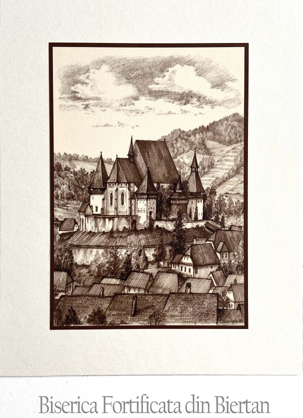 Set 5 sepia: Suvenir din Transilvania. Reproduceri pe carton cu monumente din Romania