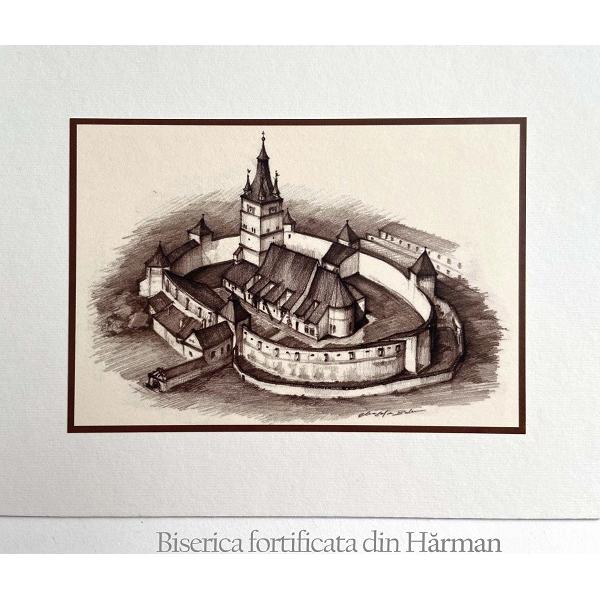 Set 5 sepia: Suvenir din Transilvania. Reproduceri pe carton cu monumente din Romania