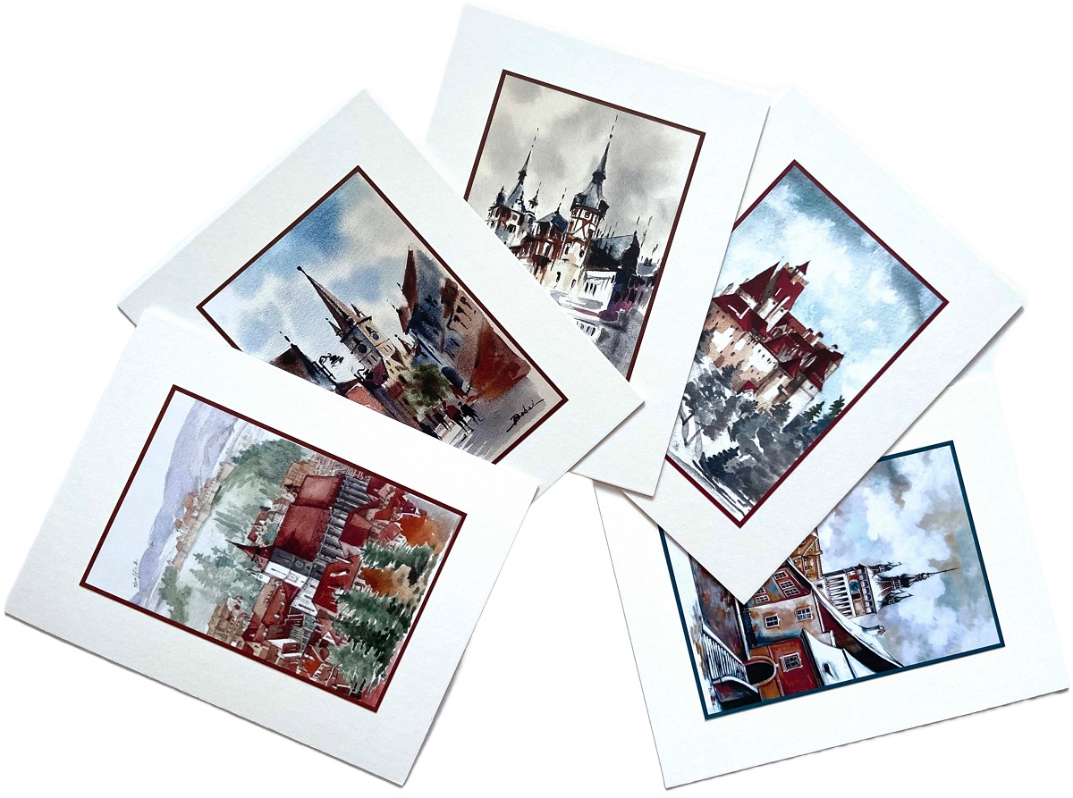 Set 1 color: Suvenir din Transilvania. Reproduceri pe carton cu monumente din Romania