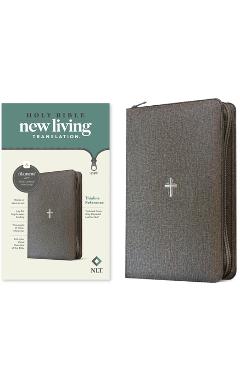 Coperta cărții 'NLT Thinline Reference Zipper Bible, Filament Enabled (Leatherlike, Textured Cross Gray, Red Letter) -'