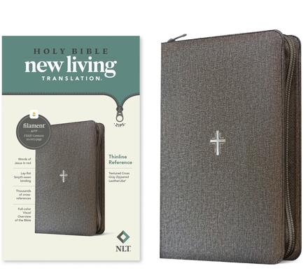 Coperta cărții 'NLT Thinline Reference Zipper Bible, Filament Enabled (Leatherlike, Textured Cross Gray, Red Letter) -'