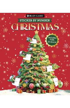 Poza produsului Brain Games - Sticker by Number: Christmas (24 Images to Sticker - Watercolor Tree Cover): Includes 2 Foil Sticker Sheets to Complete Each Image! - 