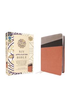 Coperta cărții 'NIV Application Bible, Leathersoft, Coral/Gray, Red Letter, Comfort Print: Bringing the Ancient Message of the Bible'