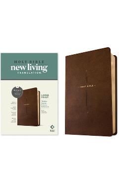 Coperta cărții 'NLT Large Print Thinline Center-Column Reference Bible, Filament Enabled (Leatherlike, Brown Holy Cross, Red Letter) -'