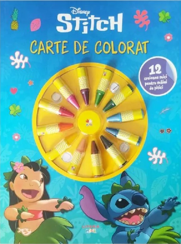 Stitch. Carte de colorat. 12 creioane mici pentru maini de pitici