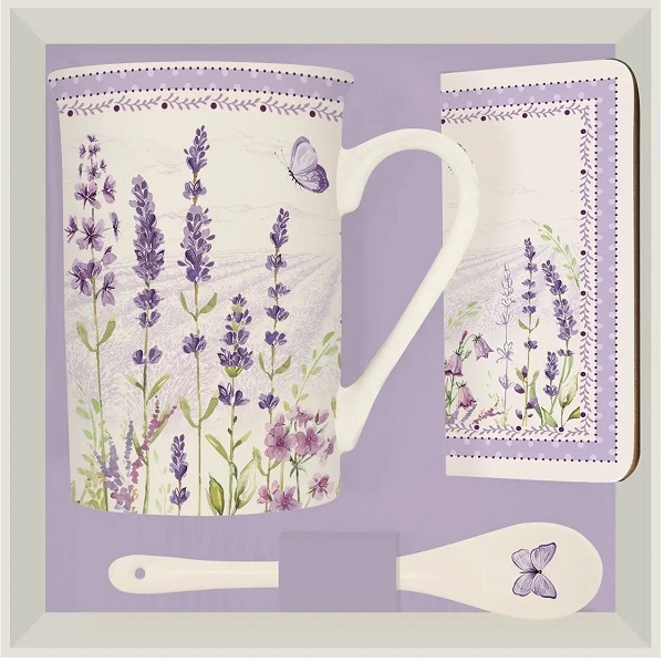 Cana cu lingurita portelan si suport pluta: Lavanda