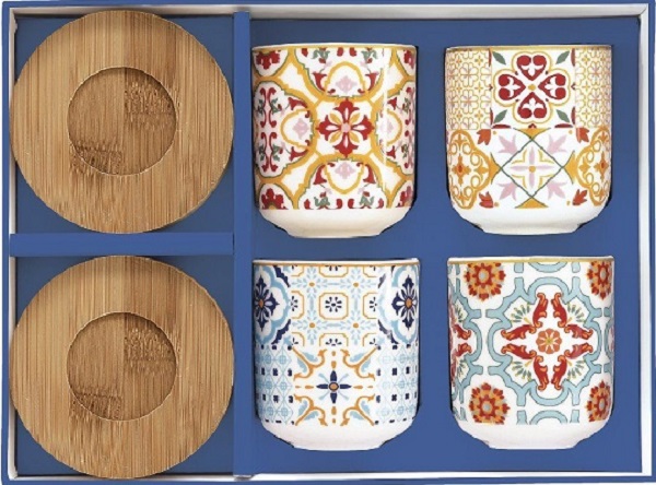 Set 4 cesti portelan cu suport bambus: Siracusa