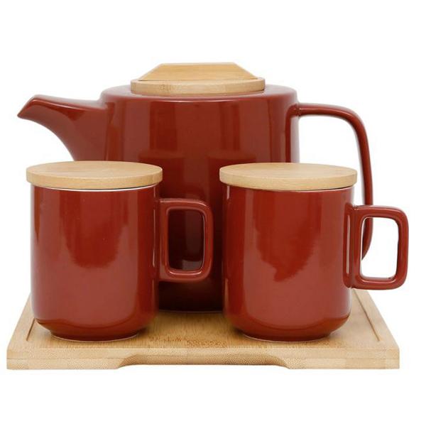 Set ceainic cu infuzor si 2 cani portelan cu capac: Eliska Red