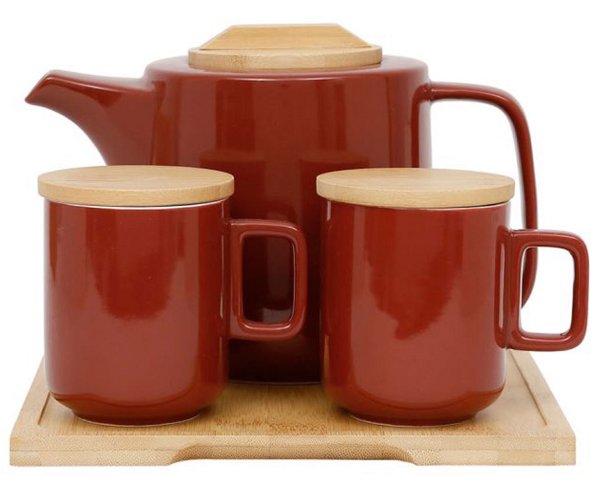 Set ceainic cu infuzor si 2 cani portelan cu capac: Eliska Red