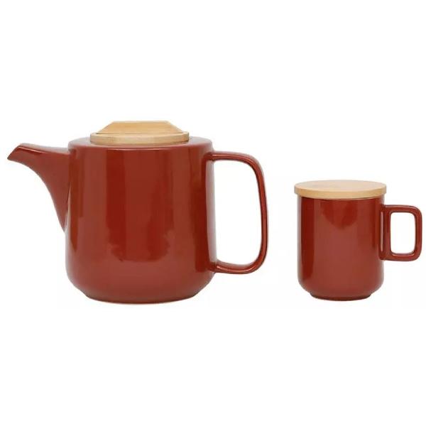 Set ceainic cu infuzor si 2 cani portelan cu capac: Eliska Red