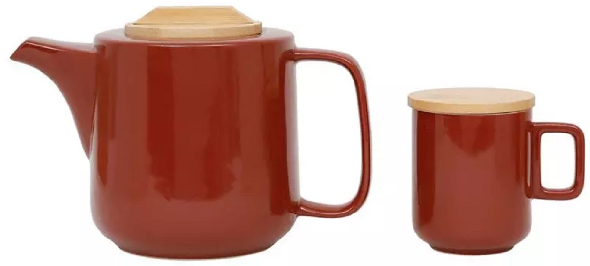 Set ceainic cu infuzor si 2 cani portelan cu capac: Eliska Red