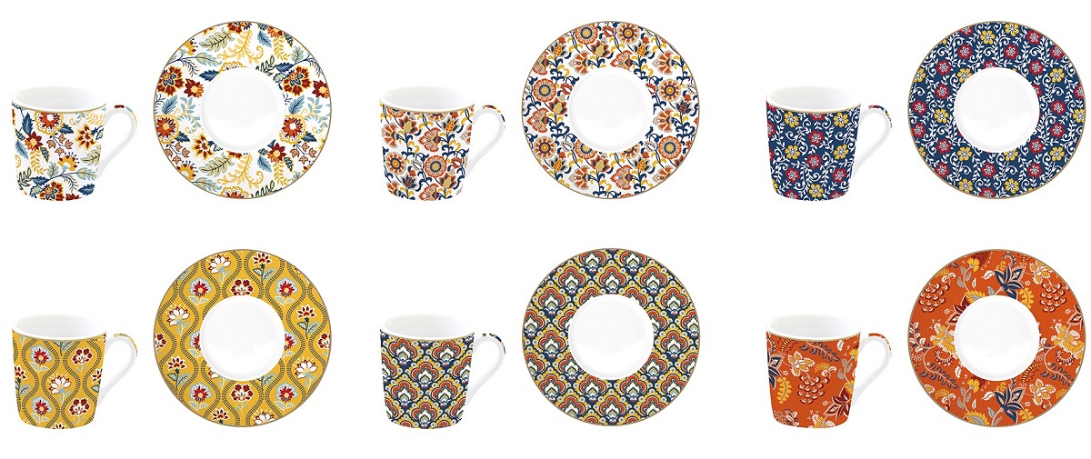 Set 6 cesti portelan cu farfurioara: Paisley Abundance