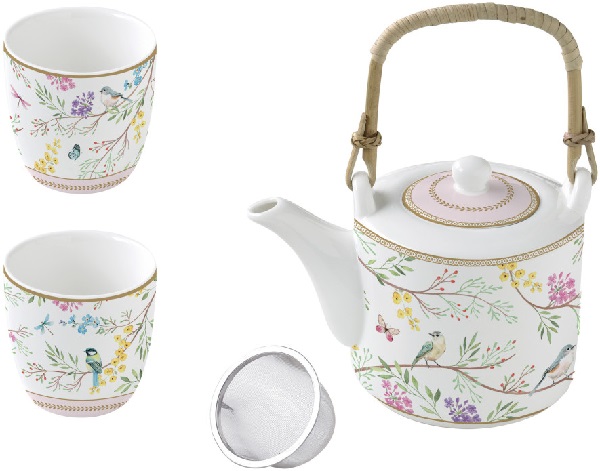Set ceainic cu infuzor si 2 cesti portelan: Birds Melody