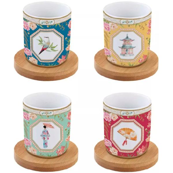 Set 4 cesti portelan cu suport bambus: Jardins d'Orient