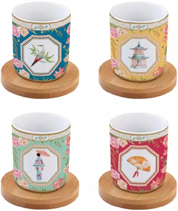 Set 4 cesti portelan cu suport bambus: Jardins d'Orient
