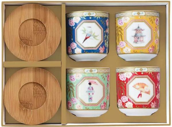 Set 4 cesti portelan cu suport bambus: Jardins d'Orient
