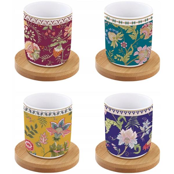 Set 4 cesti portelan cu suport bambus: Magie d'Orient. Verde