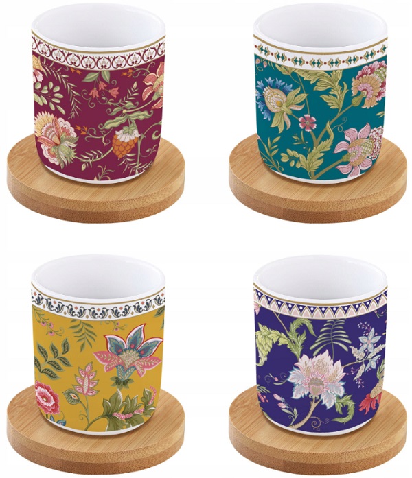 Set 4 cesti portelan cu suport bambus: Magie d'Orient. Verde